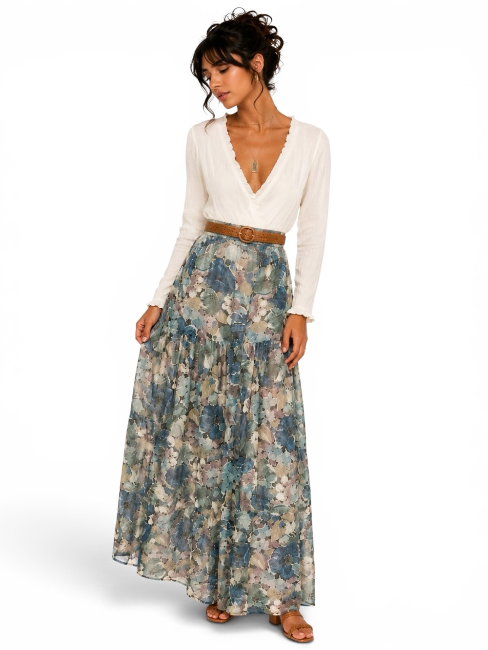 Vintage 70s Maybro Floral Semi Sheer Gauze Tiered Maxi Skirt Boho S